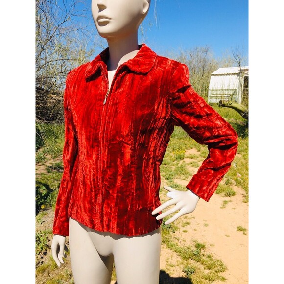 Vintage 90s Cache Gothic Red Crushed Velvet High Shoulder Zip-Up Jacket Size 4 - Picture 1 of 7